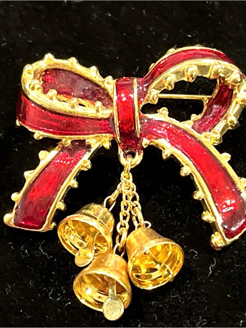 Gold-Tone Red Enamel Bow Brooch with Dangling Bells - Women Jewelry